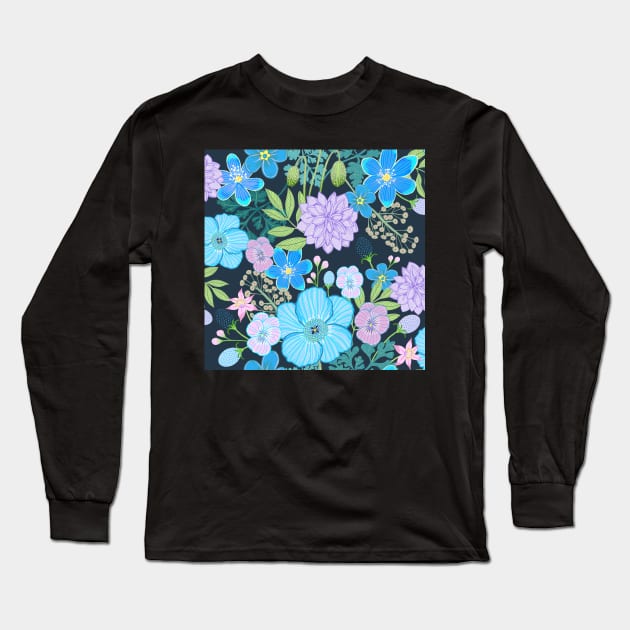 Blue vintage floral pattern Long Sleeve T-Shirt by Papergrape